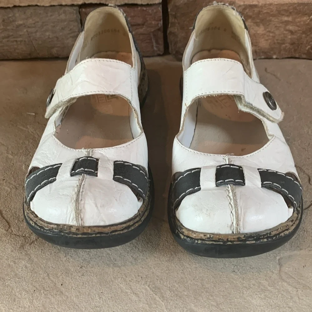 Rieker sz 38 white and dark blue/grey leather slip on shoes w/velcro closure
